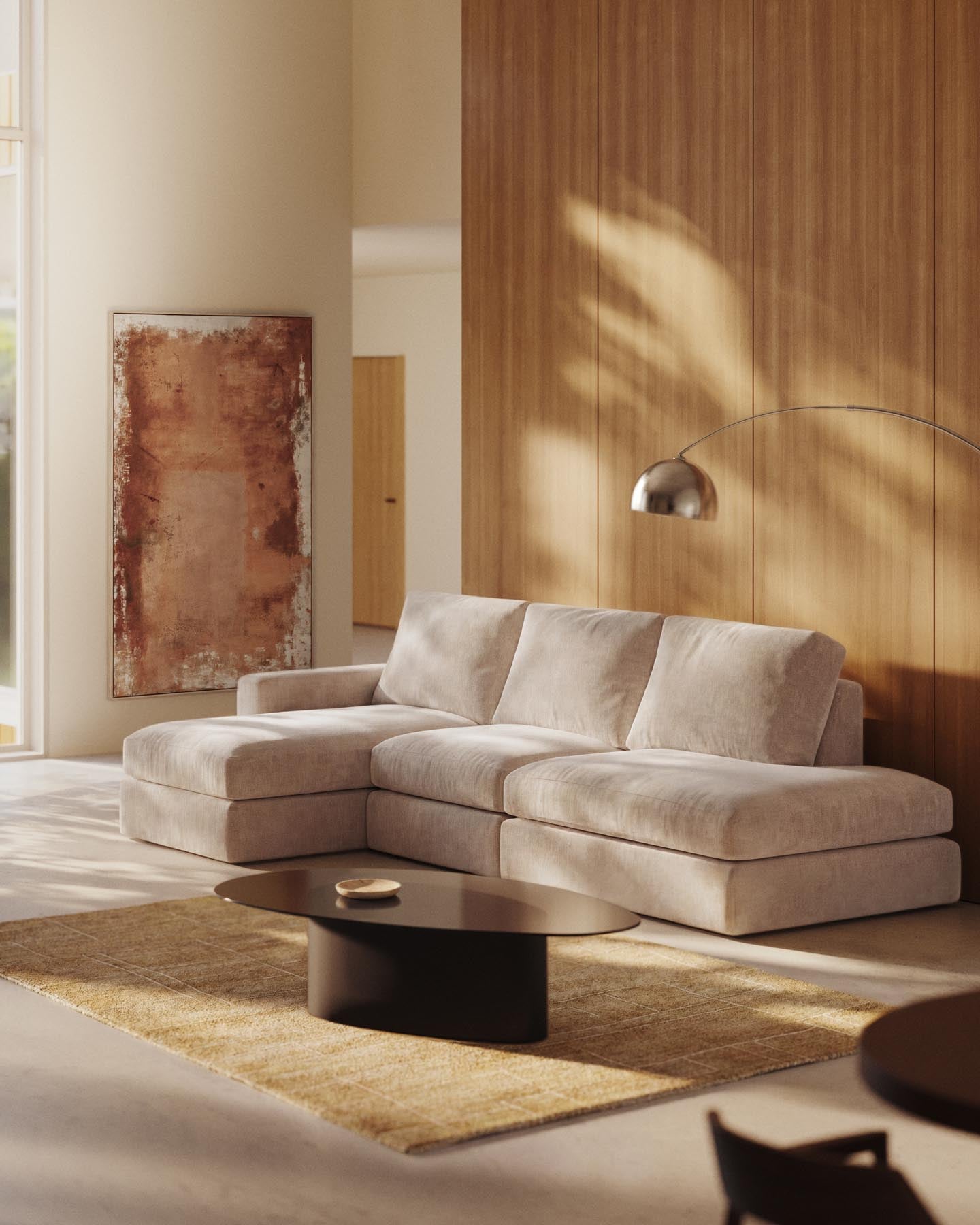Modulares Sofa Alea für 5 Personen mit abnehmbarem Bezug aus Chenille mit Chaiselongue links in Beige, 340 cm in Beige präsentiert im Onlineshop von KAQTU Design AG. 3er Sofa ist von Kave Home