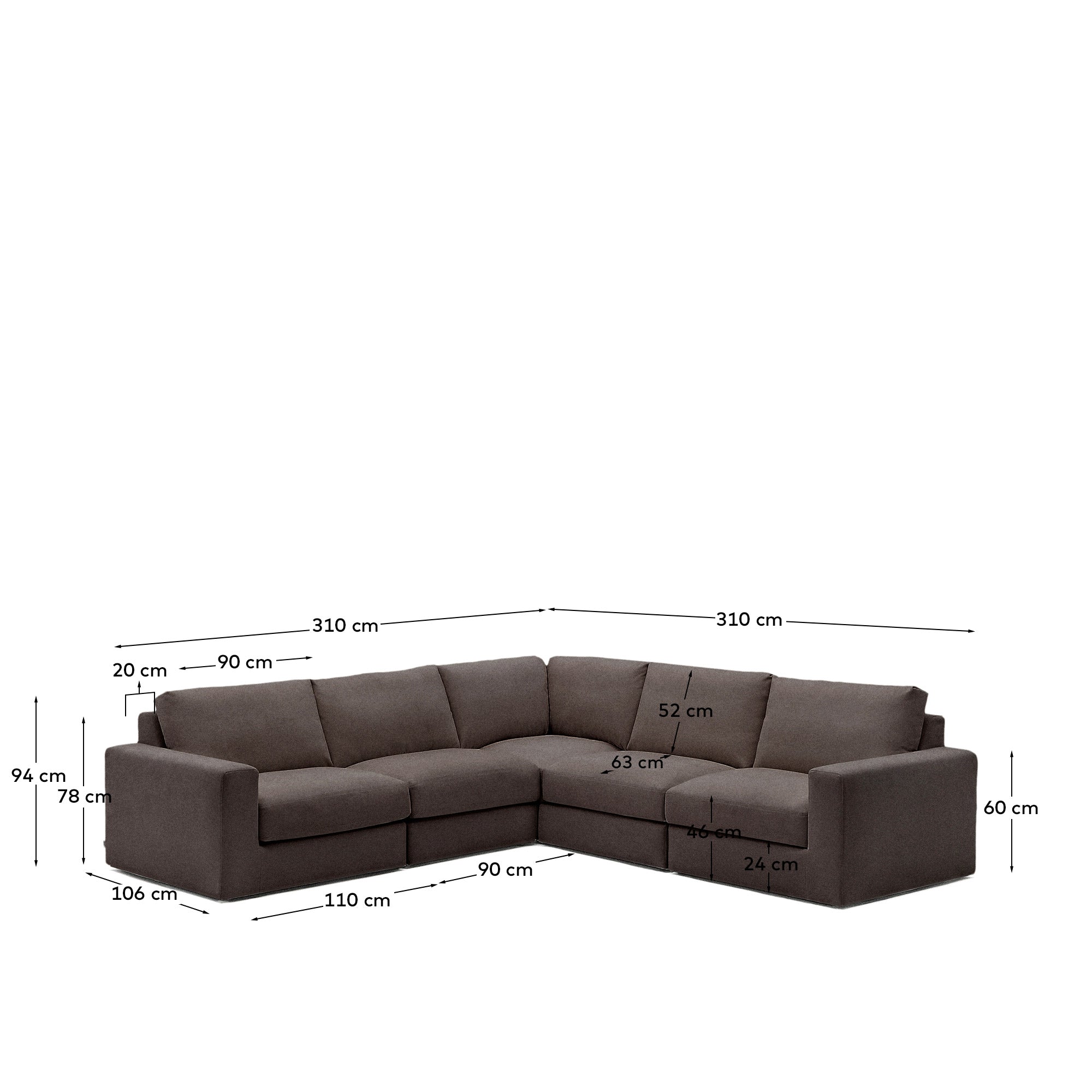 Modulares 5-Sitzer-Ecksofa Alea mit Bezug aus Chenille in Dunkelbraun, 310 x 310 cm in Dunkelbraun präsentiert im Onlineshop von KAQTU Design AG. 3er Sofa ist von Kave Home