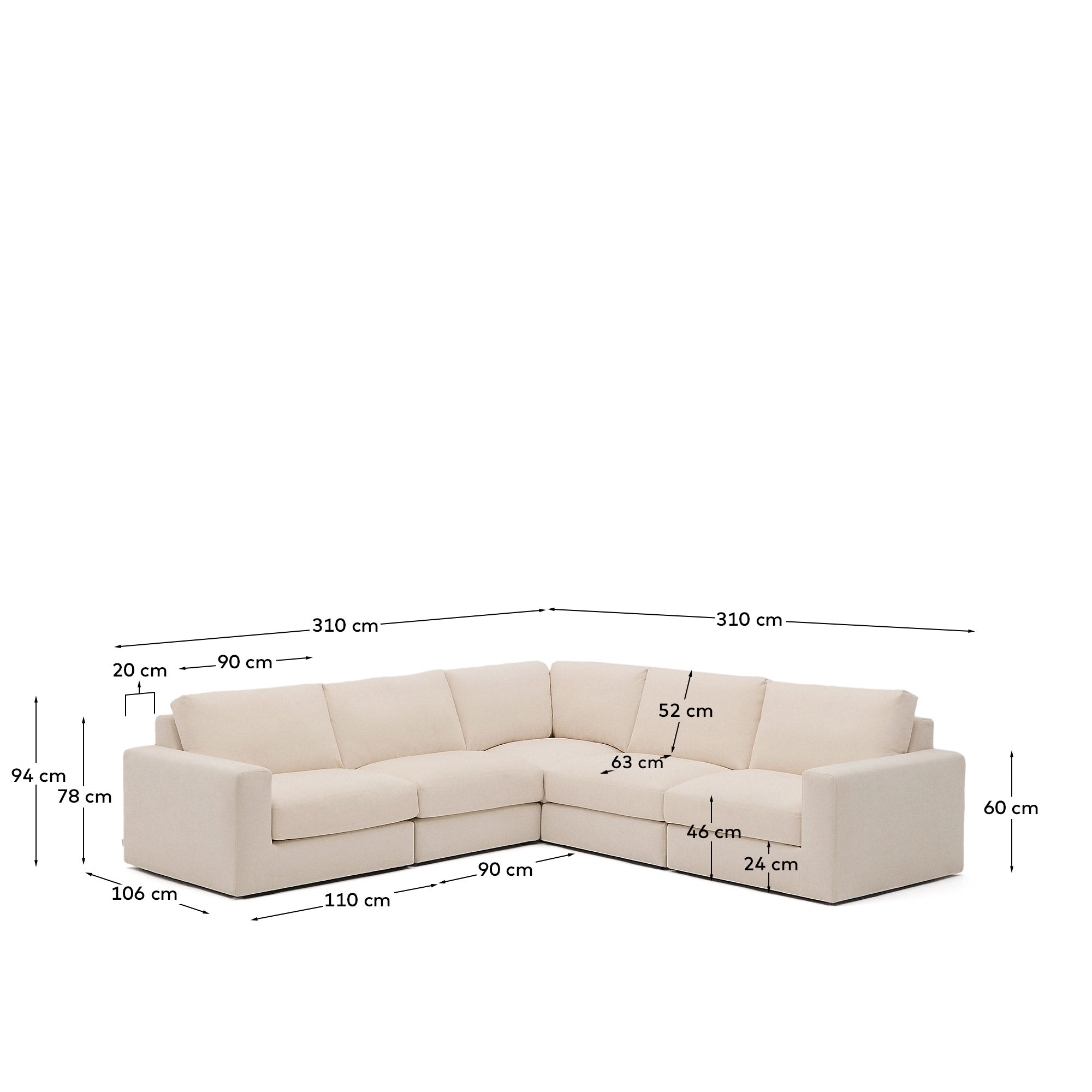 Modulares 5-Sitzer-Ecksofa Alea mit Bezug aus Chenille in Beige, 310 x 310 cm in Beige präsentiert im Onlineshop von KAQTU Design AG. 3er Sofa ist von Kave Home