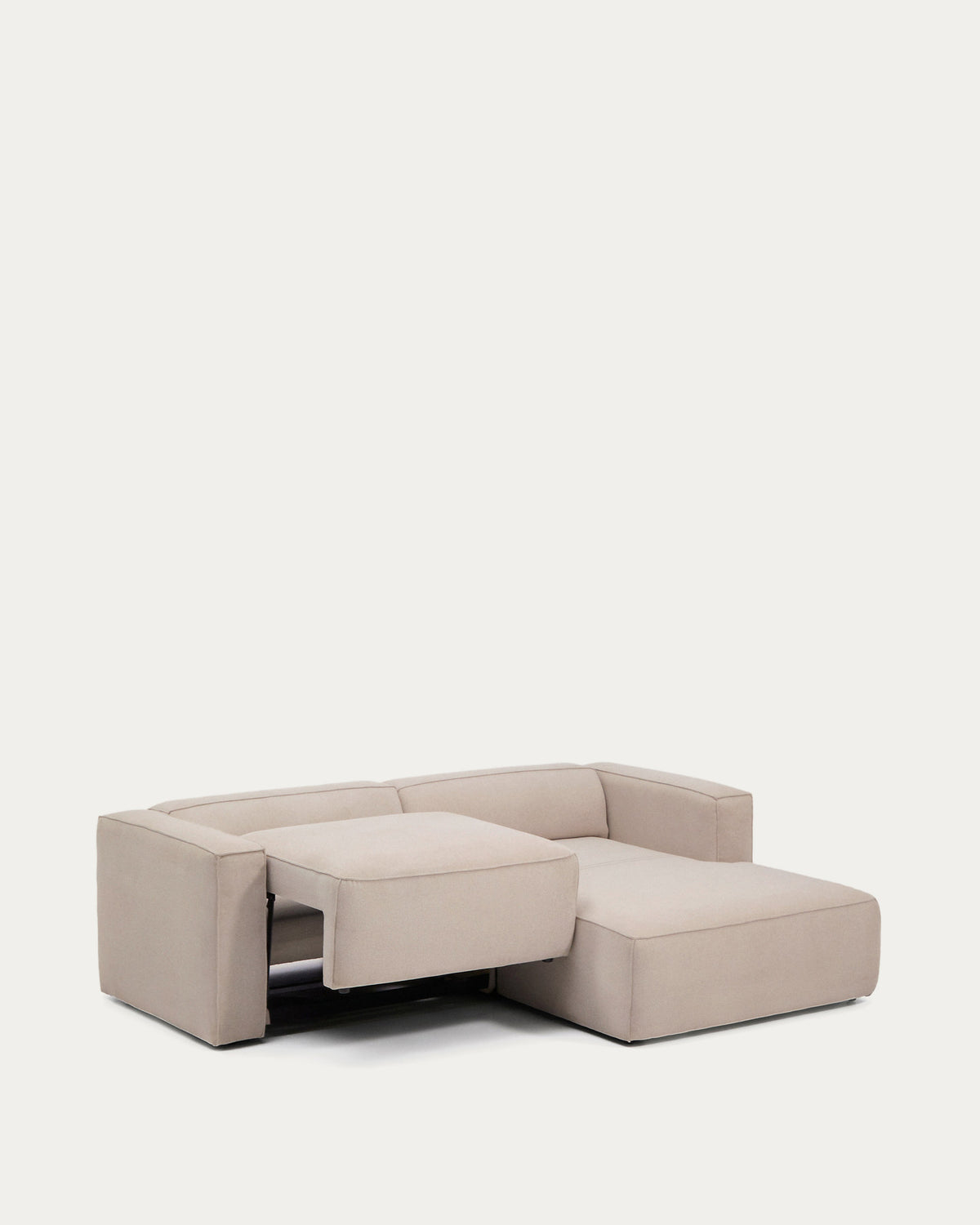 Beiges Bettsofa Marela mit Chaiselongue rechts, Gewebebezug und schwarzen Beinen