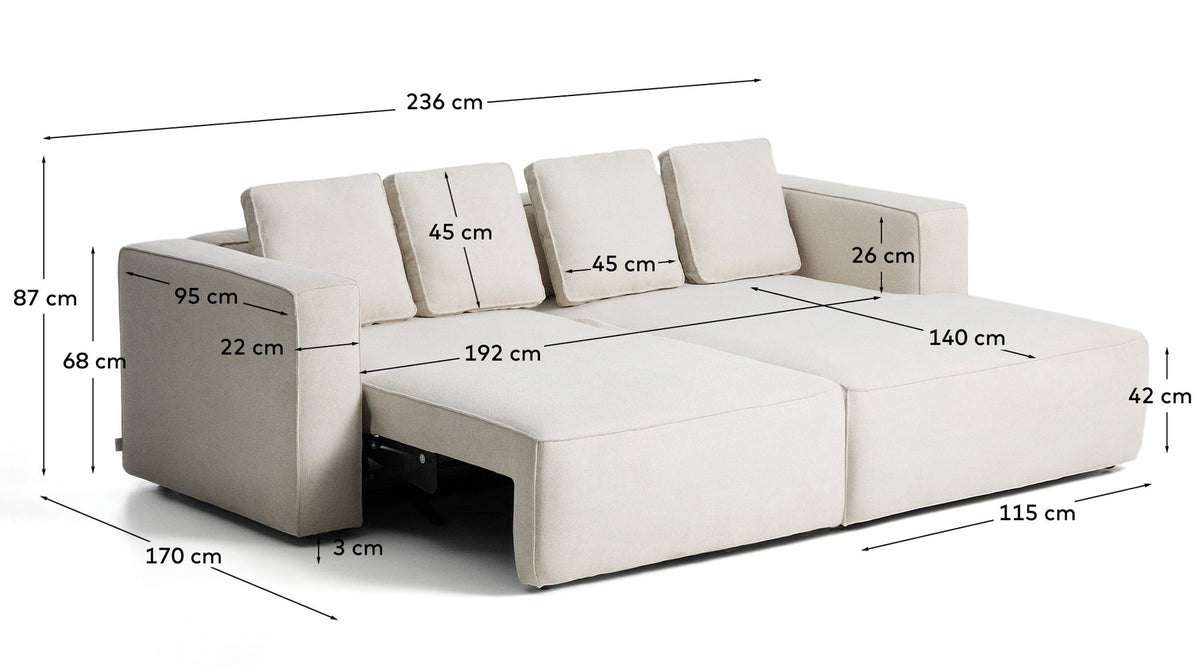 3-Sitzer Bettsofa Marela mit Chaiselongue rechts in beiger Chenille, 236 cm, FSC Mix Credit in Beige präsentiert im Onlineshop von KAQTU Design AG. Bettsofa ist von Kave Home