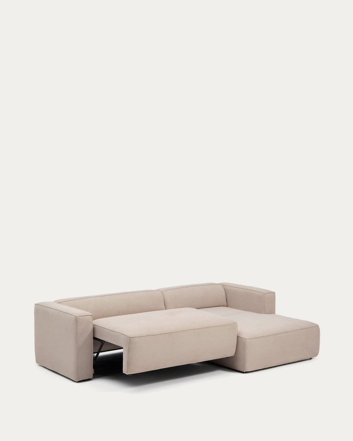 Beiges 4-Sitzer-Bettsofa Marela mit Chaiselongue rechts, Gewebebezug und schwarzen Beinen
