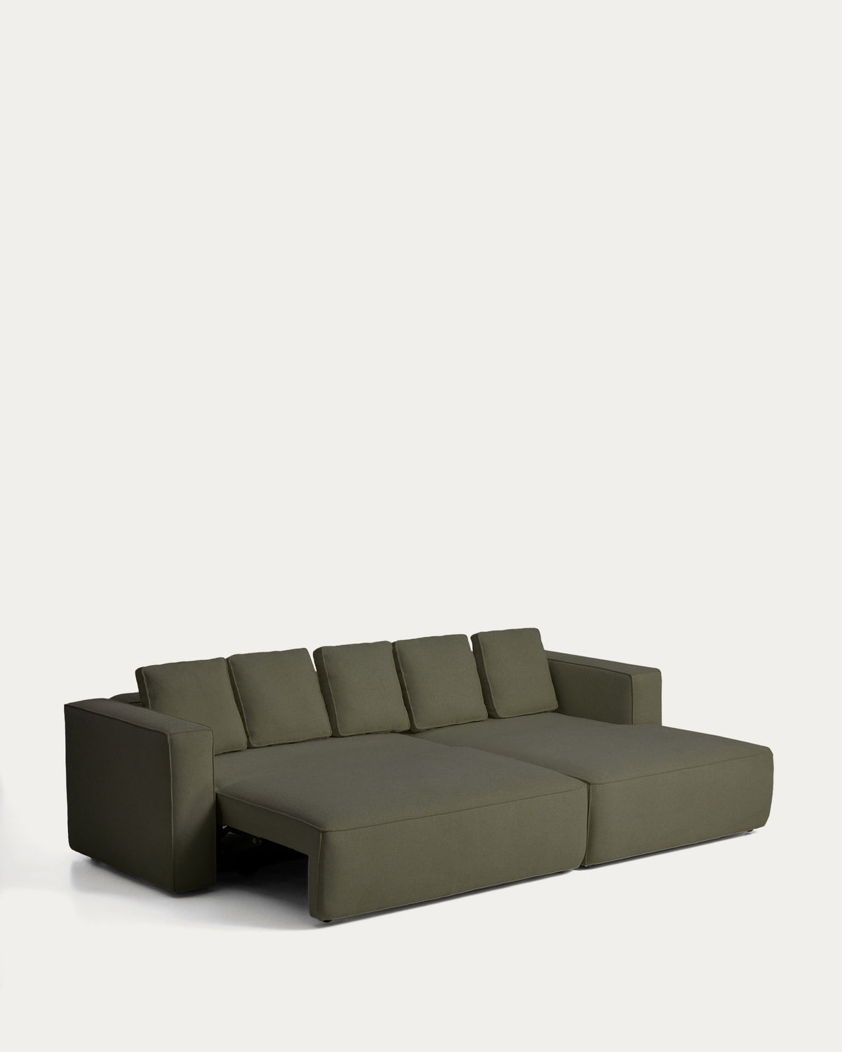 Dunkelgrünes Bettsofa Marela mit Gewebebezug, Chaiselongue rechts und schwarzen Beinen