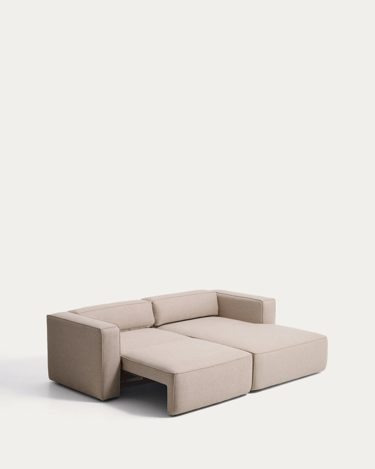 Beiges 3-Sitzer-Bettsofa Marela mit Chaiselongue rechts, Stoffbezug und schwarzen Beinen