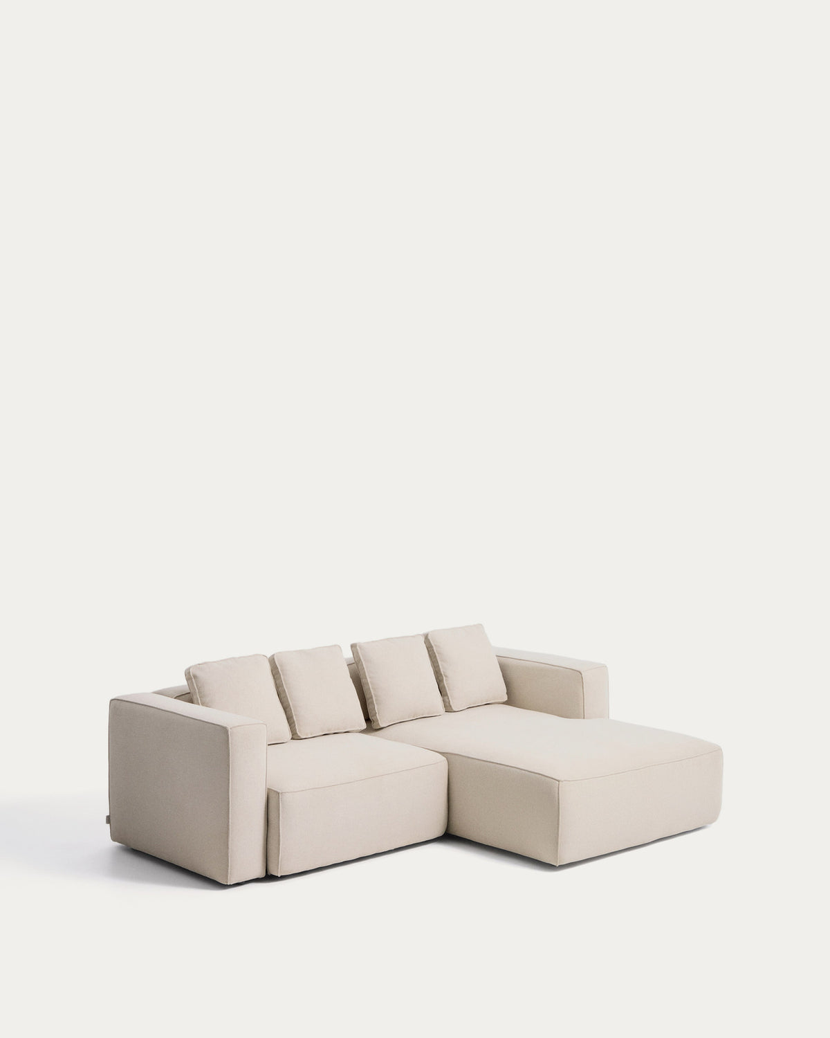 Ecrufarbenes 3-Sitzer-Bettsofa Marela aus Chenille mit Chaiselongue rechts und schwarzen Beinen