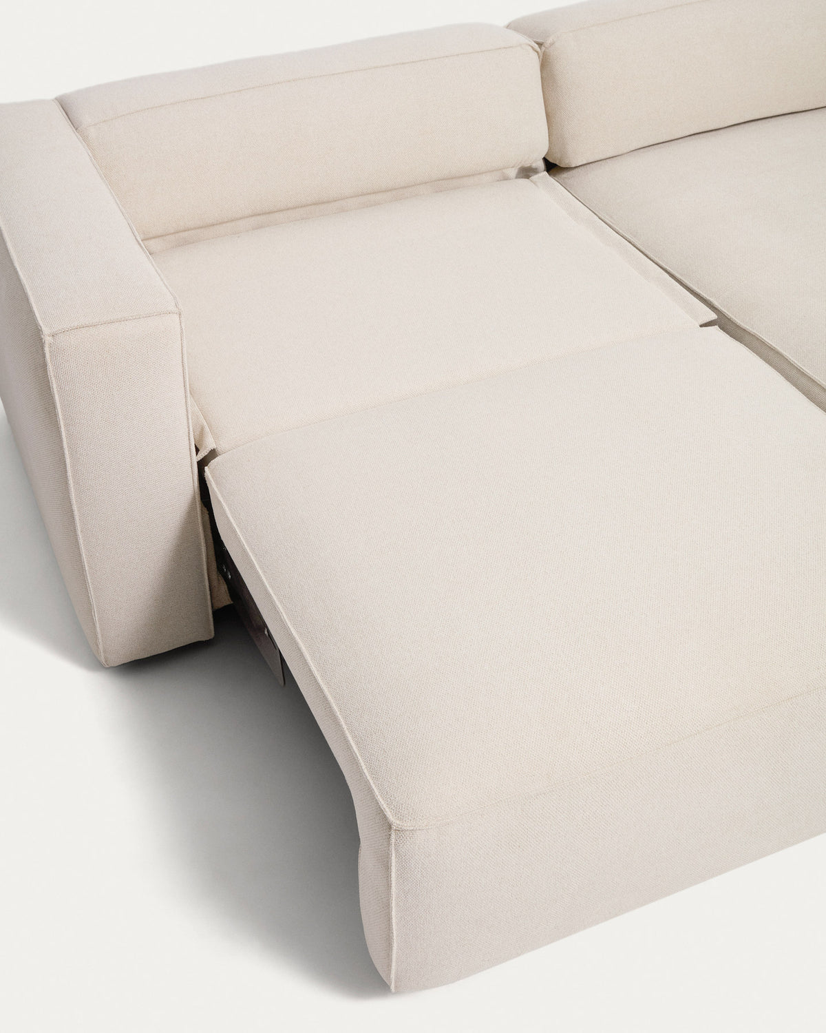 Ecrufarbenes 3-Sitzer-Bettsofa Marela aus Chenille mit Chaiselongue rechts und schwarzen Beinen