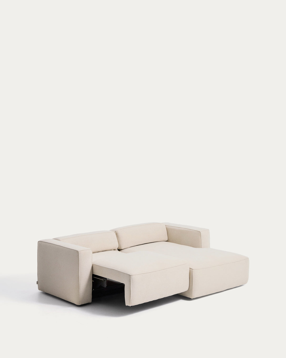 Ecrufarbenes 3-Sitzer-Bettsofa Marela aus Chenille mit Chaiselongue rechts und schwarzen Beinen