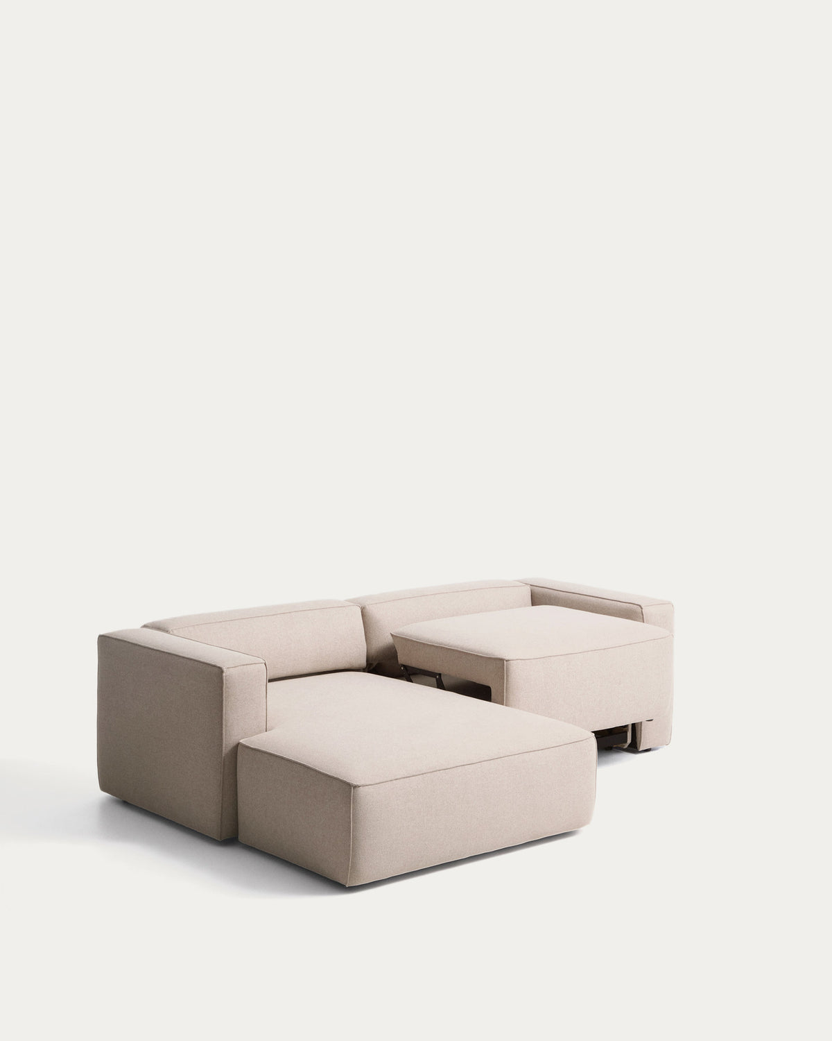 Beiges 3-Sitzer-Bettsofa Marela mit Chaiselongue links, Stoffbezug und schwarzen Beinen
