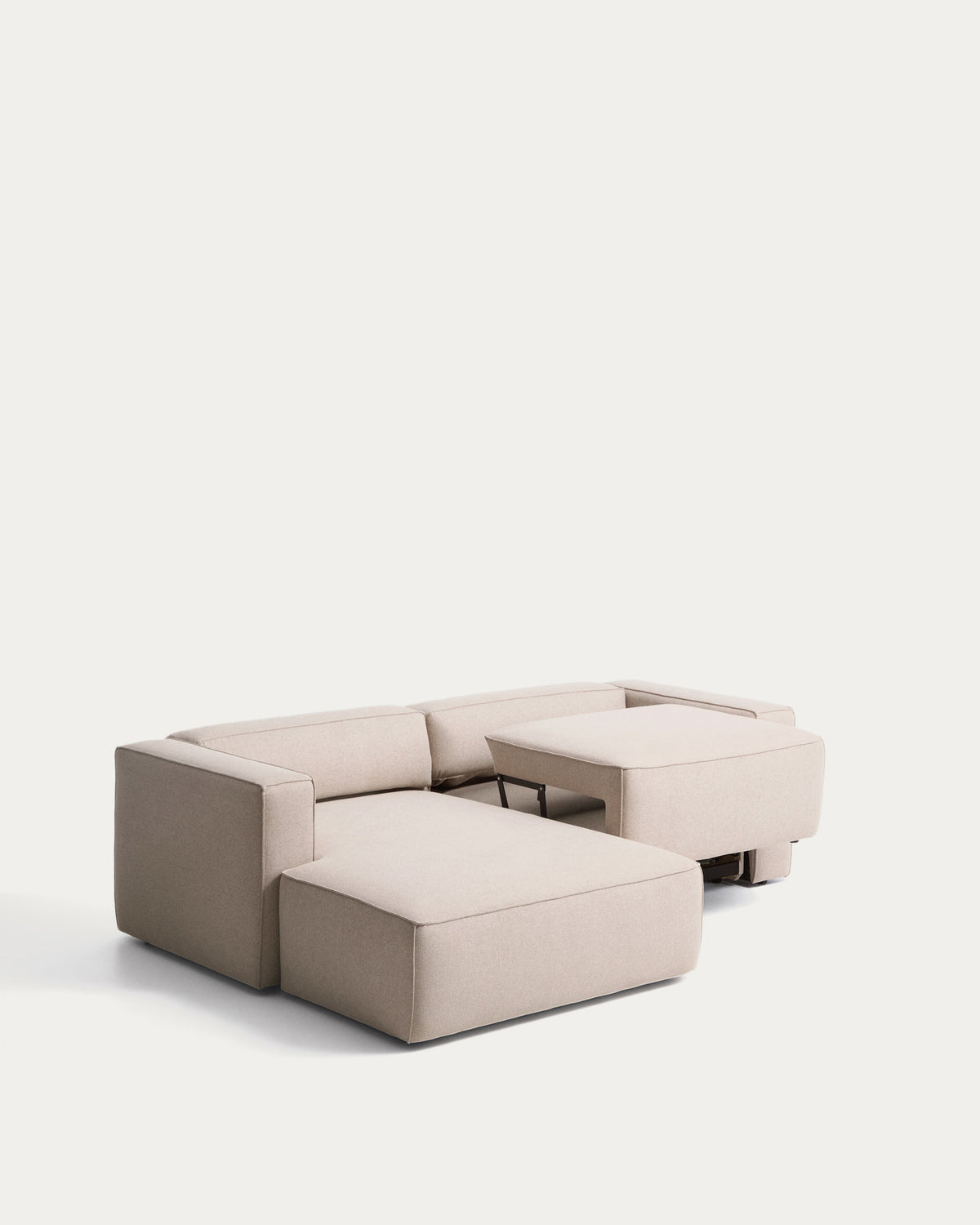 Beiges 3-Sitzer-Bettsofa Marela mit Chaiselongue links, Stoffbezug und schwarzen Beinen