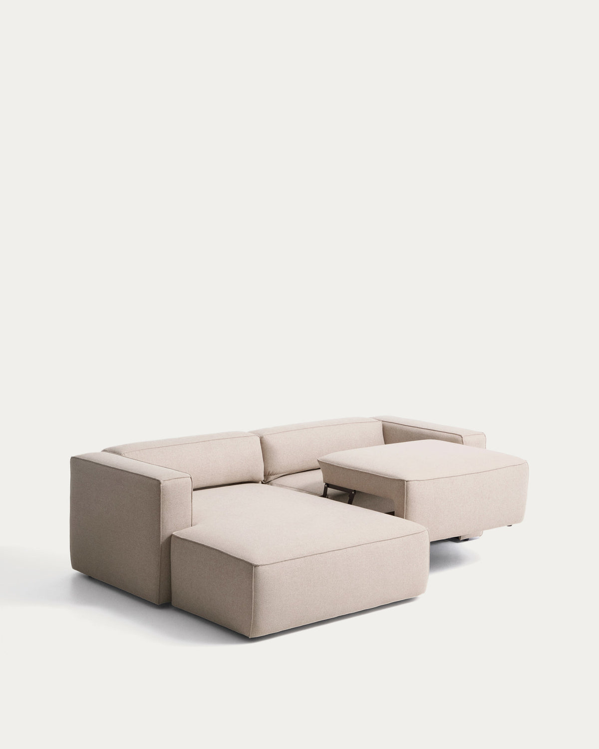 Beiges 3-Sitzer-Bettsofa Marela mit Chaiselongue links, Stoffbezug und schwarzen Beinen