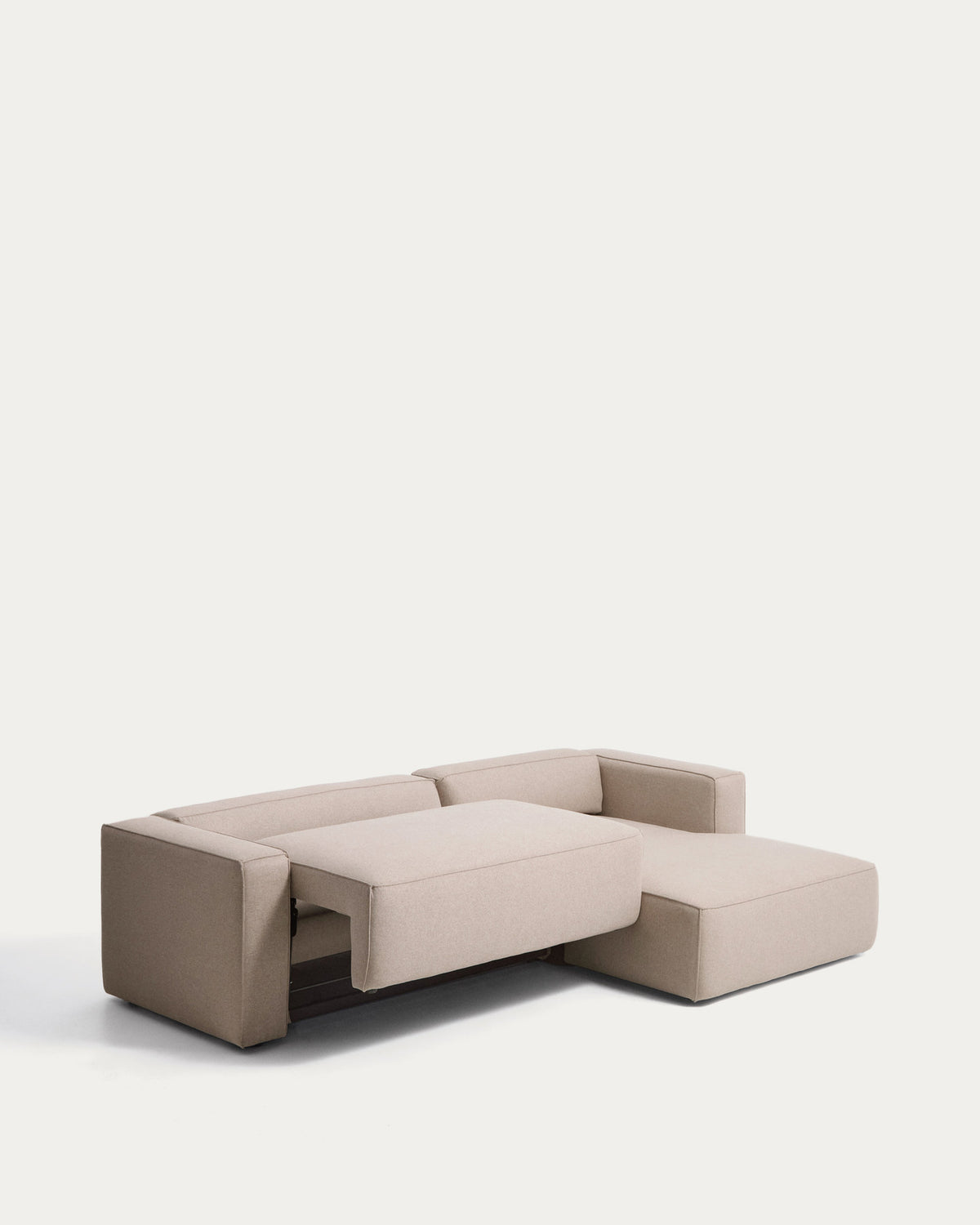 Beiges 4-Sitzer-Bettsofa Marela mit Gewebebezug, Chaiselongue rechts und schwarzen Beinen