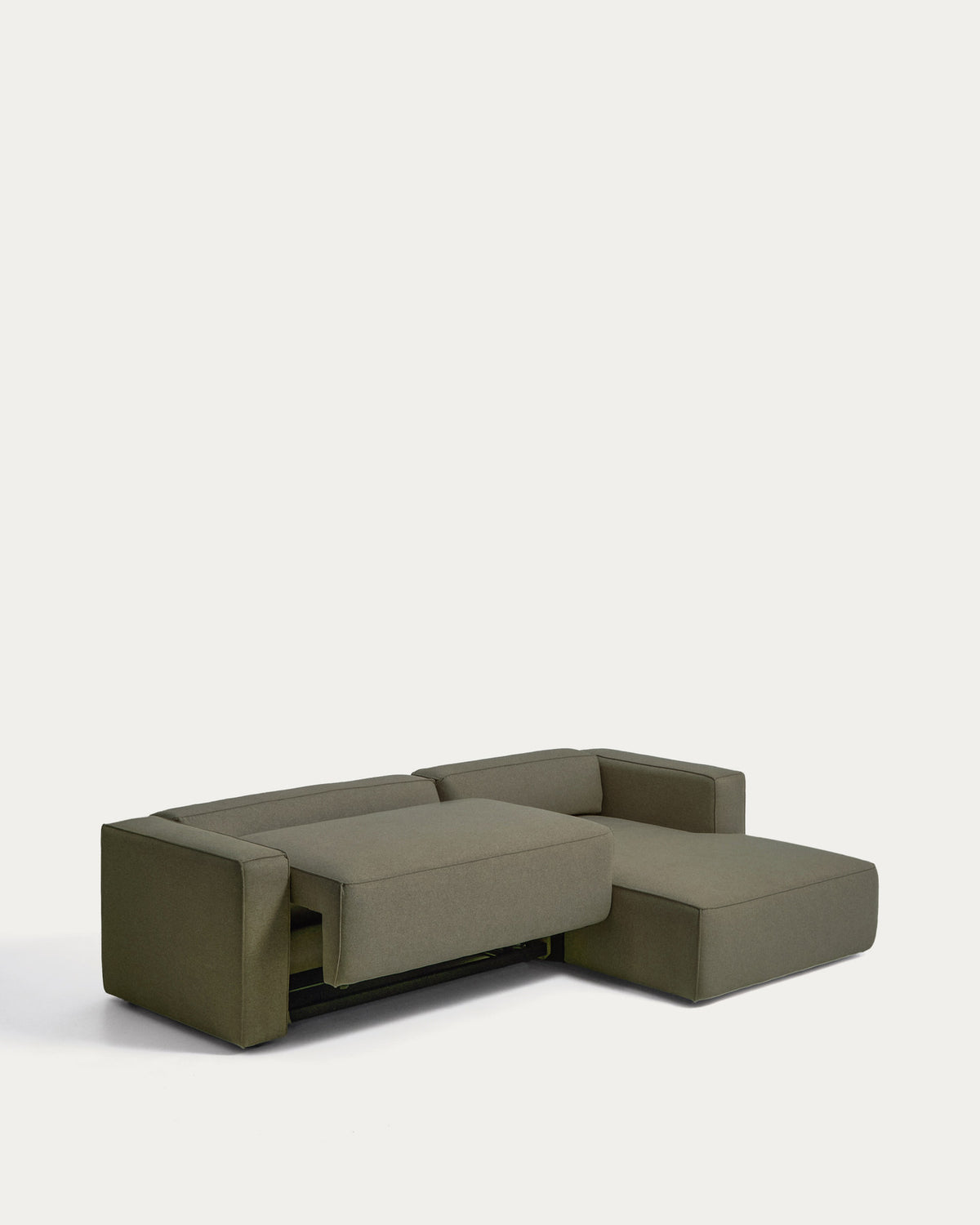 Dunkelgrünes Bettsofa Marela mit Strukturbezug, Armlehnen und Chaiselongue rechts