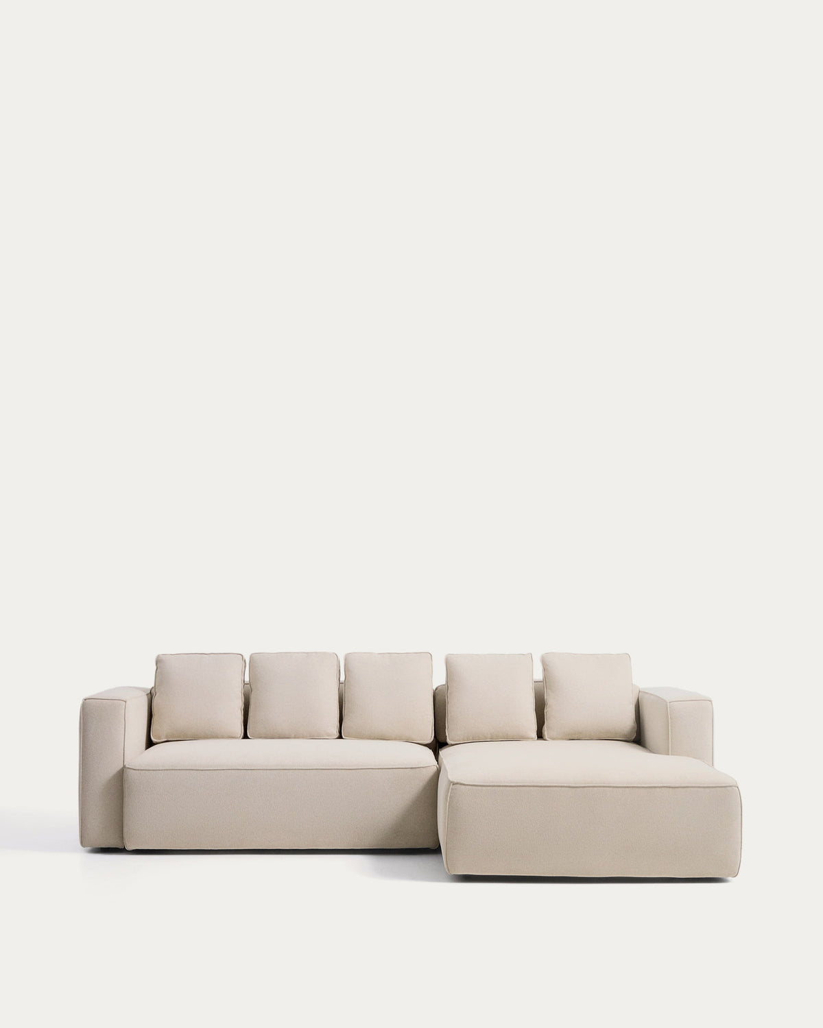 Beiges Bettsofa Marela mit Chaiselongue rechts, Chenillebezug in Ecru, schwarze Beine