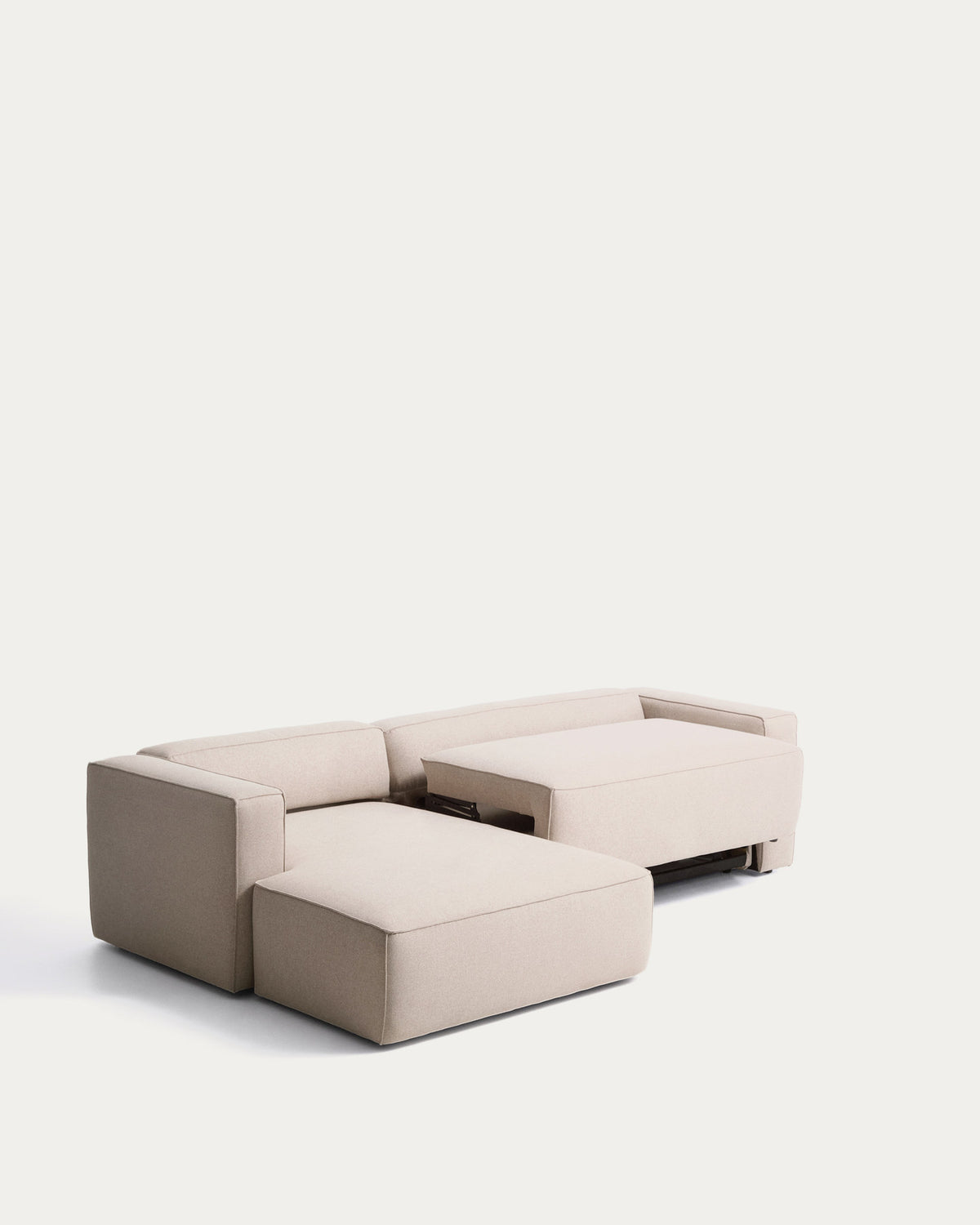Beiges 4-Sitzer-Bettsofa Marela mit Chaiselongue links, Gewebebezug und schwarzen Beinen