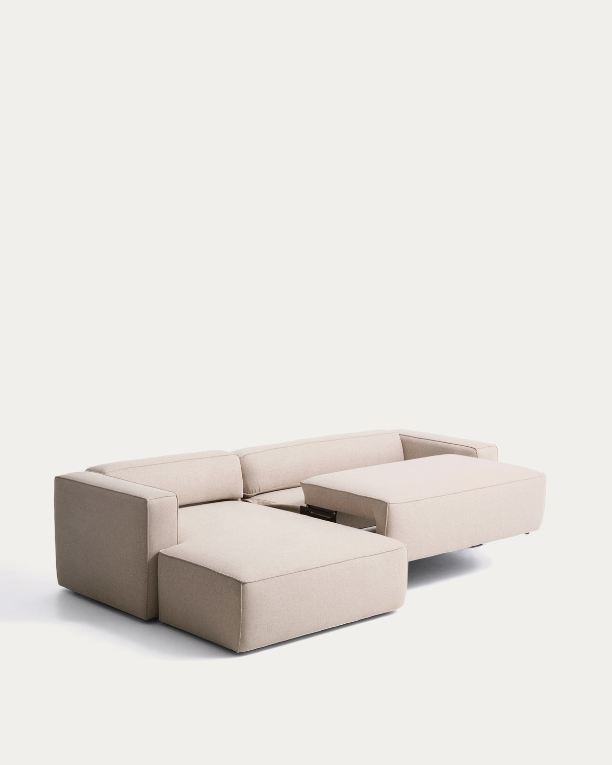 Beiges 4-Sitzer-Bettsofa Marela mit Chaiselongue links, Gewebebezug und schwarzen Beinen