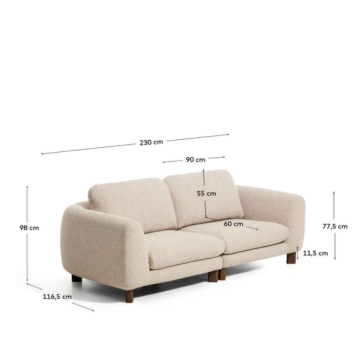 3-Sitzer Sofa Vera in Beige mit gepolsterten Armlehnen und sichtbaren Beinen aus massivem Eschenholz mit Nussbaum-Finish, Frontalansicht.