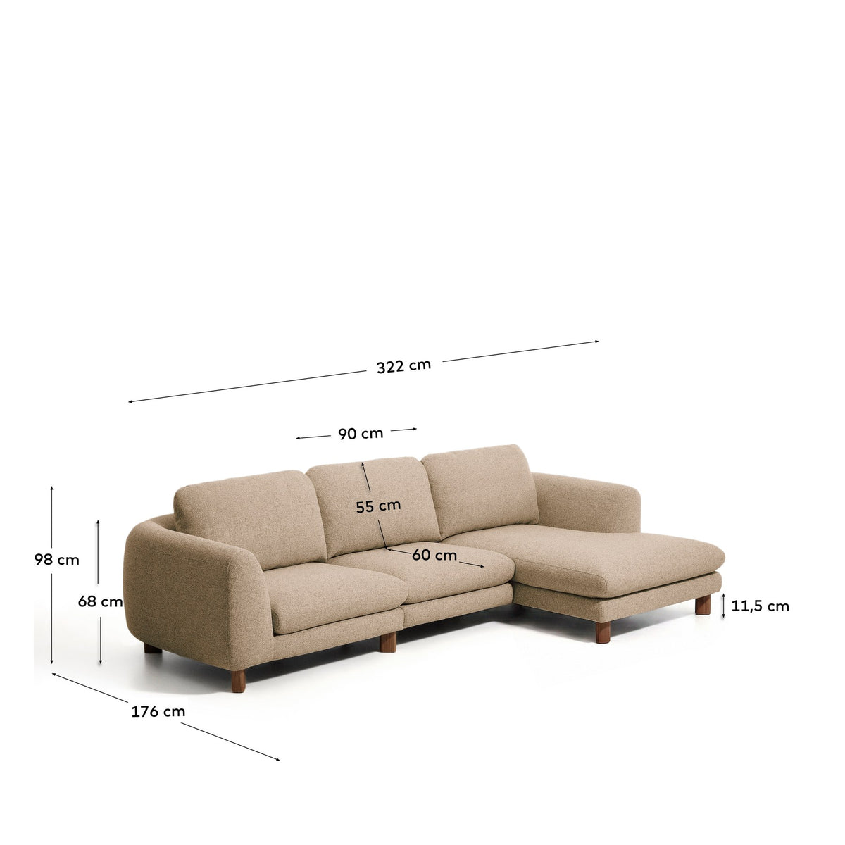 4-Sitzer Sofa Vera in Hellbraun mit Chaiselongue rechts, sichtbaren Beinen aus massivem Eschenholz mit Nussbaum-Finish, Breite 322 cm.