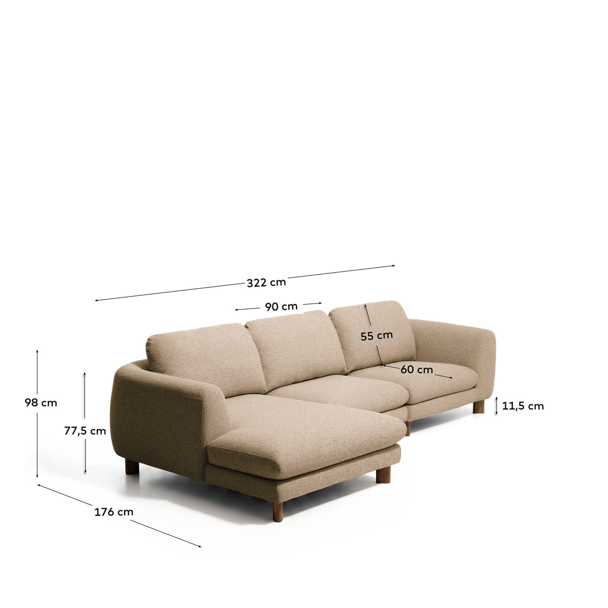 4-Sitzer Sofa Vera von Kave Home in Hellbraun mit Chaiselongue links, gepolstert, Beine aus massivem Eschenholz mit Nussbaum-Finish.
