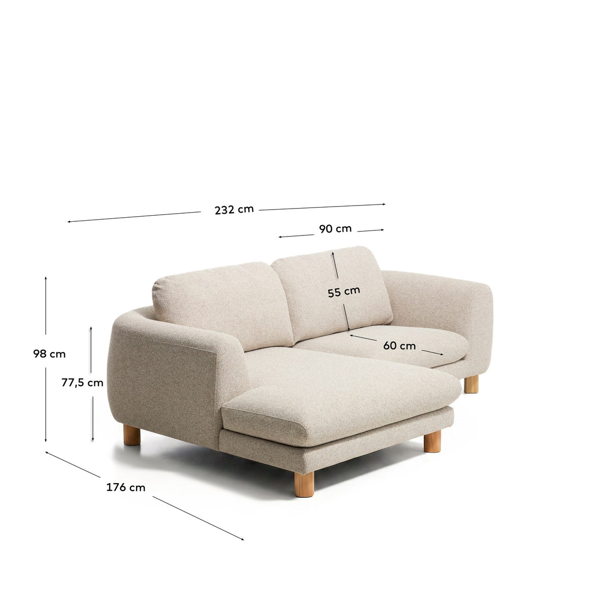 Beiges 3-Sitzer Sofa Vera mit Chaiselongue links, Bezug aus Gewebe, Beine aus massivem Eschenholz mit natürlichem Finish, Armlehnen und Rückenkissen.