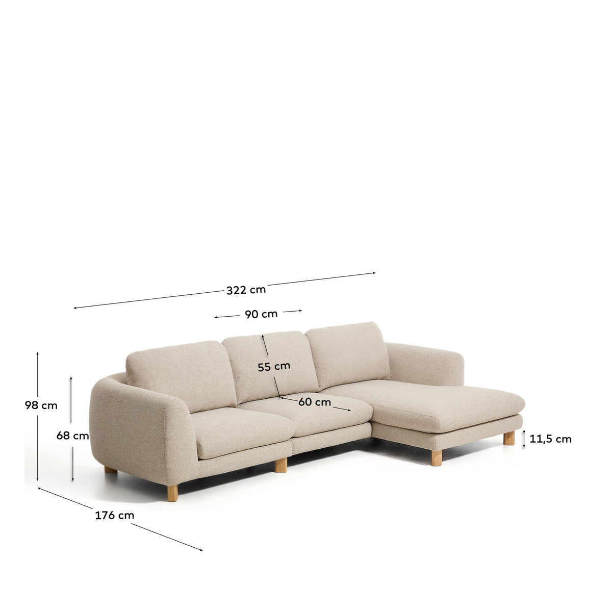4-Sitzer Sofa Vera in Beige mit Chaiselongue rechts, sichtbaren Beinen aus massivem Eschenholz und grob strukturiertem Bezugsstoff.