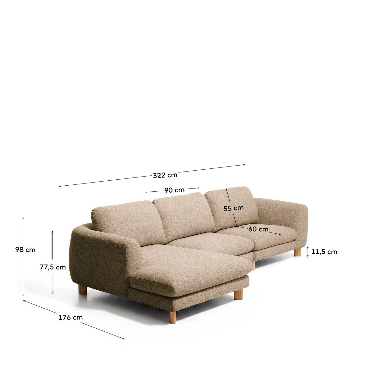 4-Sitzer Sofa Vera von Kave Home in Hellbraun mit Chaiselongue links, gepolstertem Gewebebezug und Beinen aus massivem Eschenholz.