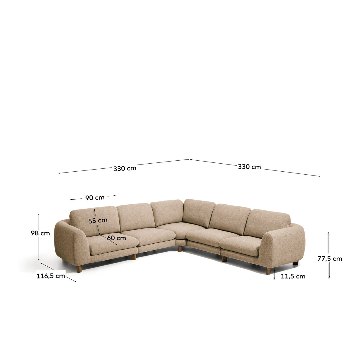 5-Sitzer Ecksofa Vera von Kave Home in Hellbraun mit Stoffbezug, geschwungenen Armlehnen und Beinen aus Eschenholz mit Nussbaum-Finish.