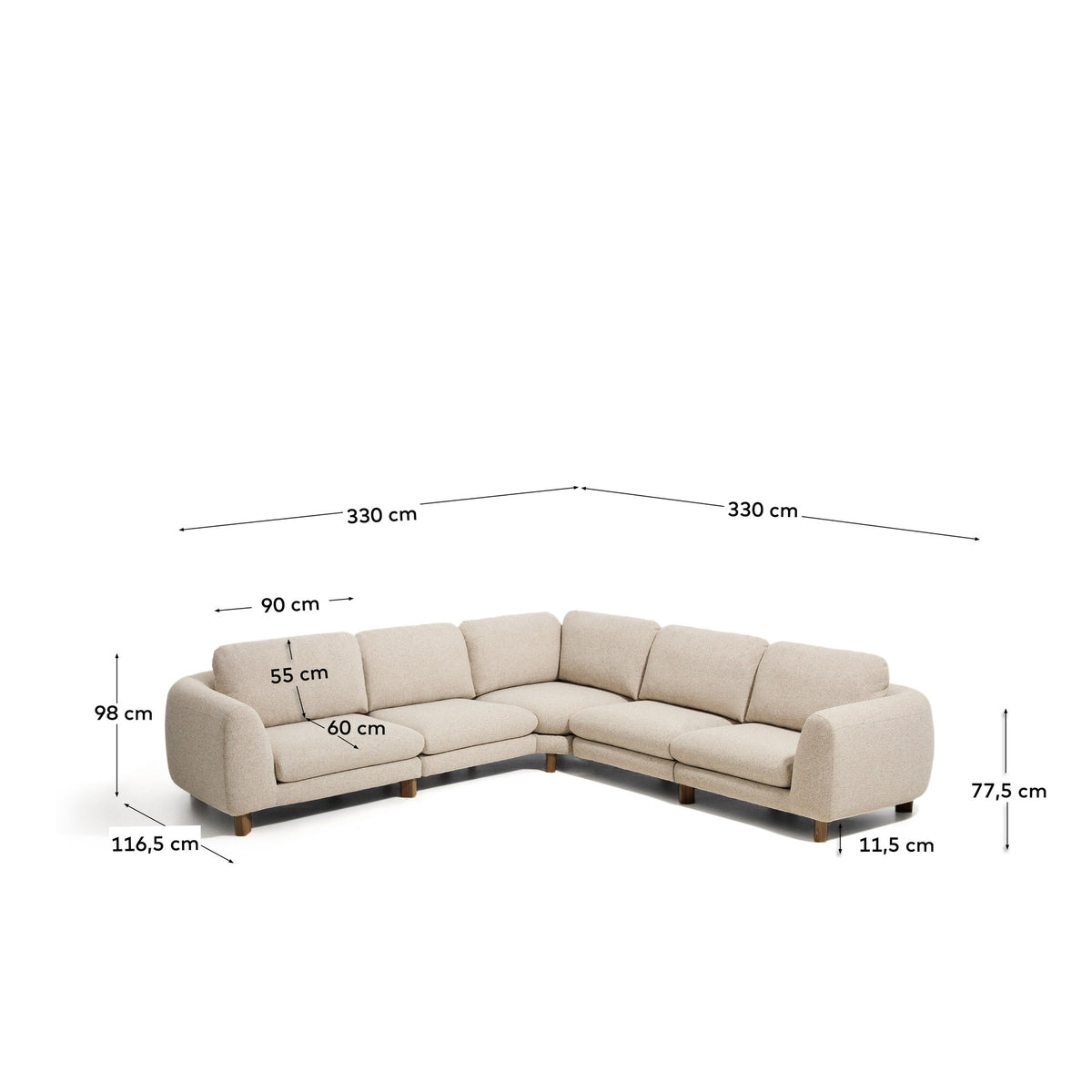 Beiges 5-Sitzer Ecksofa Vera von Kave Home mit gepolsterten Armlehnen und sichtbaren Beinen aus Eschenholz mit Nussbaum-Finish, Grösse 330 x 330 cm.
