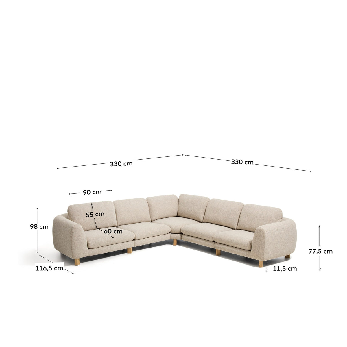 5-Sitzer Ecksofa Vera in Beige mit sichtbaren Beinen aus massivem Eschenholz, abgerundete Armlehnen, Grösse 330 x 240 cm.