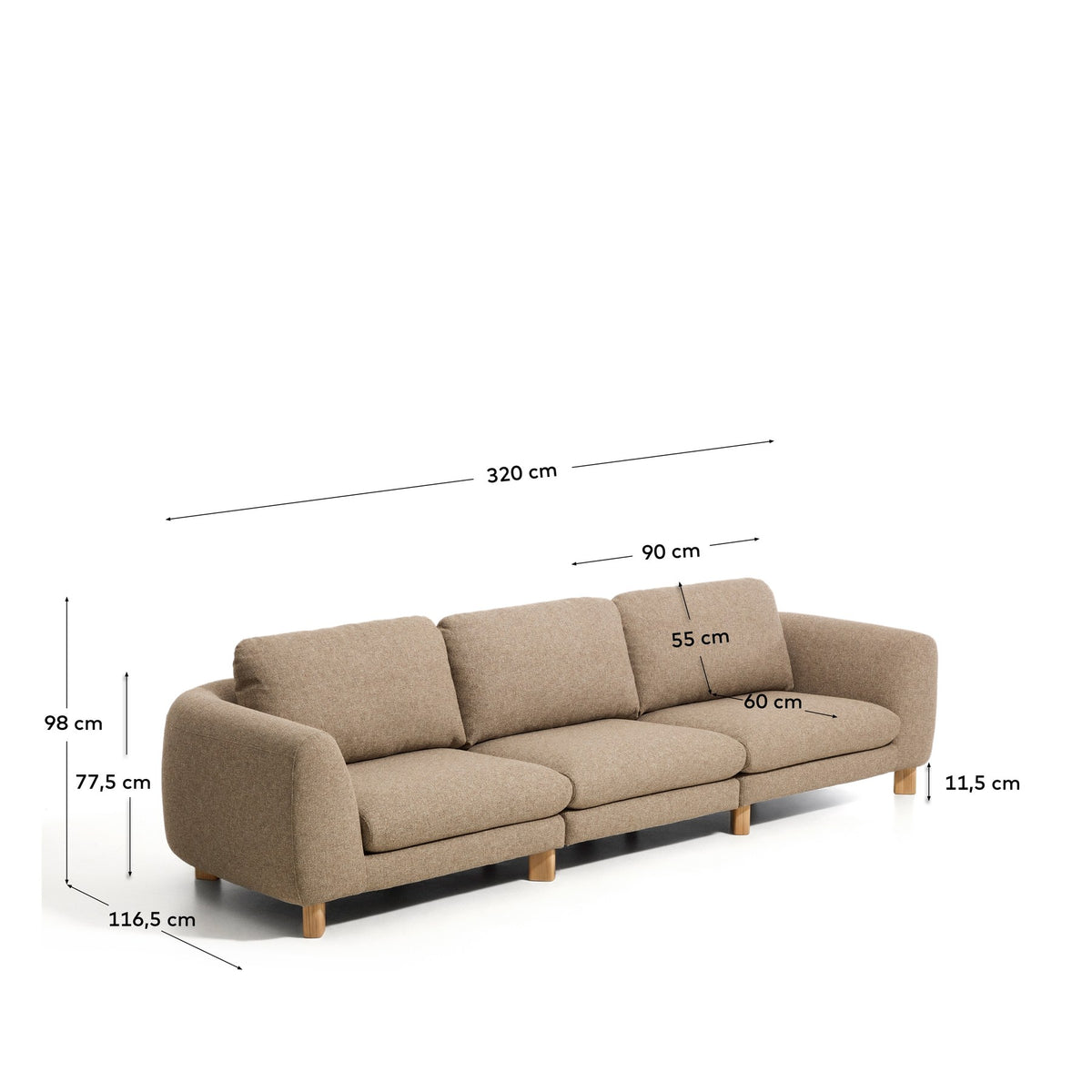 4-Sitzer Sofa Vera in Hellbraun mit gepolsterter Sitzfläche, Armlehnen und sichtbaren Beinen aus massivem Eschenholz, 320 cm breit.