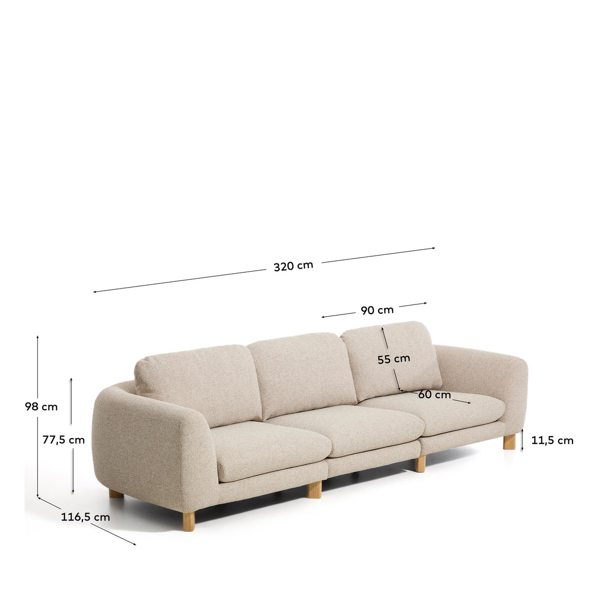 4-Sitzer Sofa Vera in Beige mit gepolsterten Armlehnen, durchgehender Rückenlehne und sichtbaren Beinen aus massivem Eschenholz.