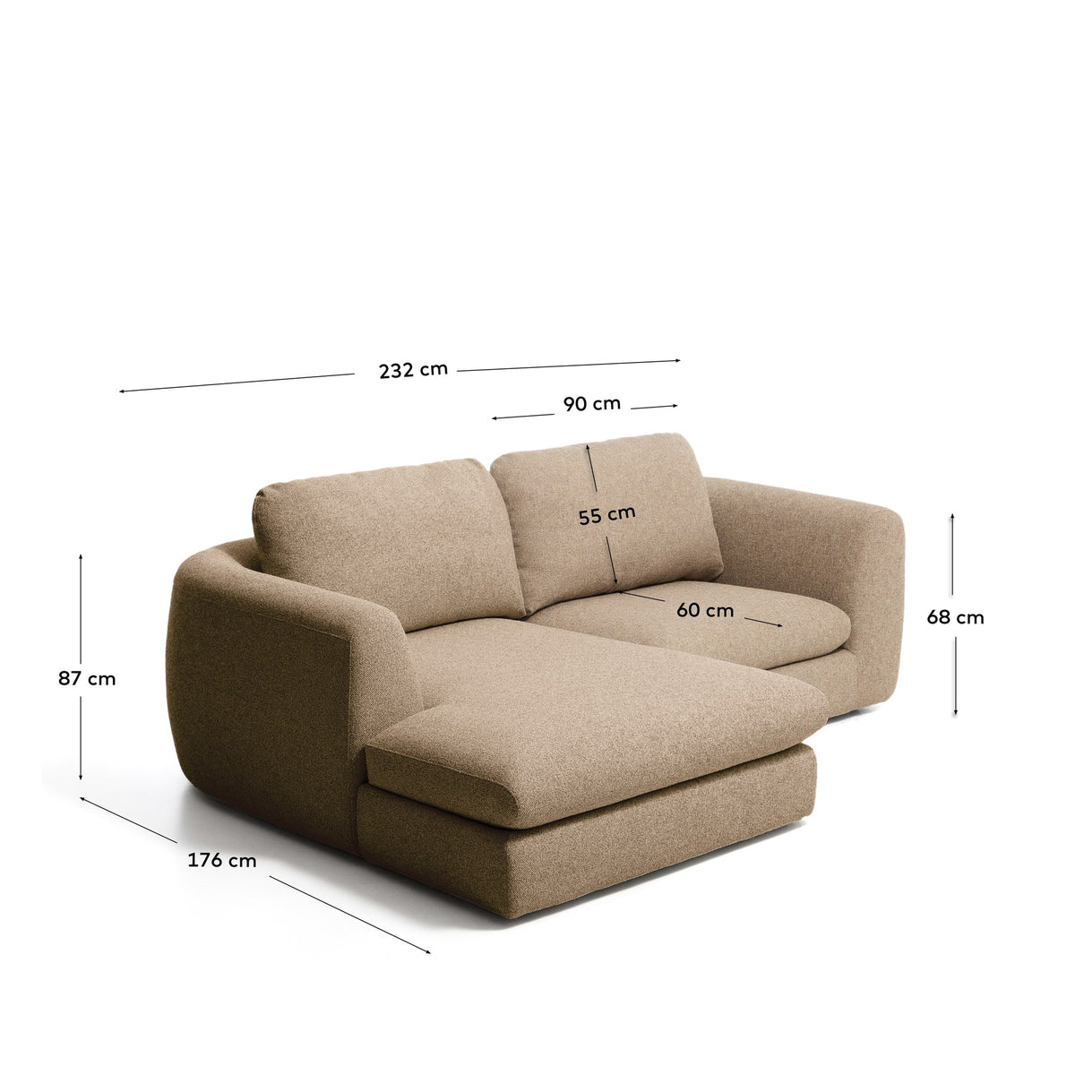 Hellbraunes 3-Sitzer Sofa Vera mit Chaiselongue links, gepolstert mit strukturiertem Stoff, abgerundeten Armlehnen und niedrigem Gestell.