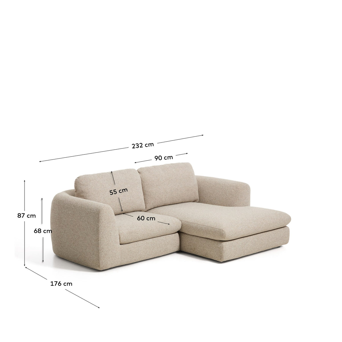 Beiges 3-Sitzer Sofa Vera mit Chaiselongue rechts, Gewebebezug, abgerundete Armlehnen, schwarze Beine aus Polypropylen, niedriges Gestell.