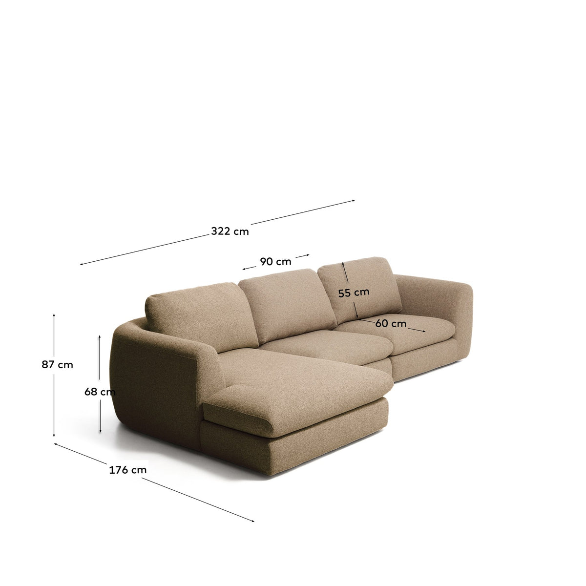 Hellbraunes 4-Sitzer Sofa Vera mit Chaiselongue links, gepolstert mit strukturiertem Stoff, Holzgestell, Masse 322x176x87 cm.