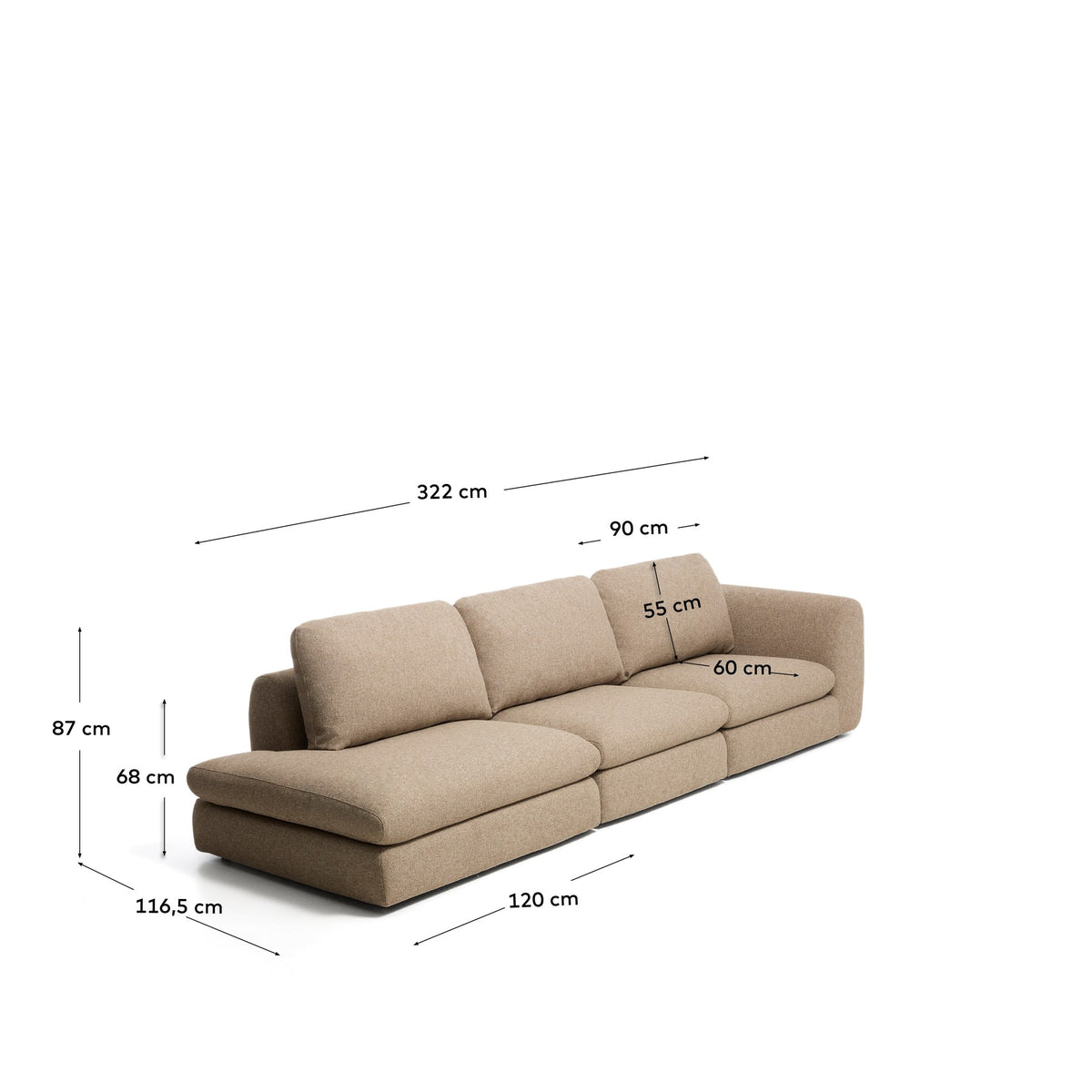 4-Sitzer Sofa Vera mit Randmodul links in Hellbraun, 325 cm, FSC Mix Credit in Hellbraun präsentiert im Onlineshop von KAQTU Design AG. 4er Sofa ist von Kave Home