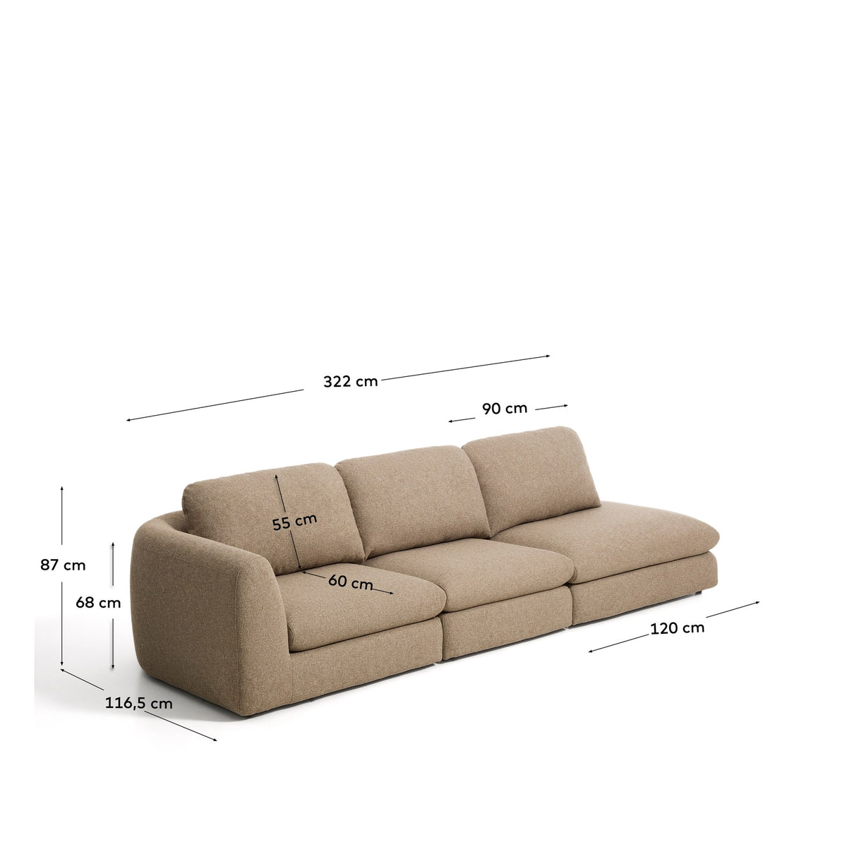 Hellbraunes 4-Sitzer Sofa Vera mit Randmodul rechts, texturierter Gewebebezug, abgerundete Armlehnen und niedriges Gestell auf Beinen.