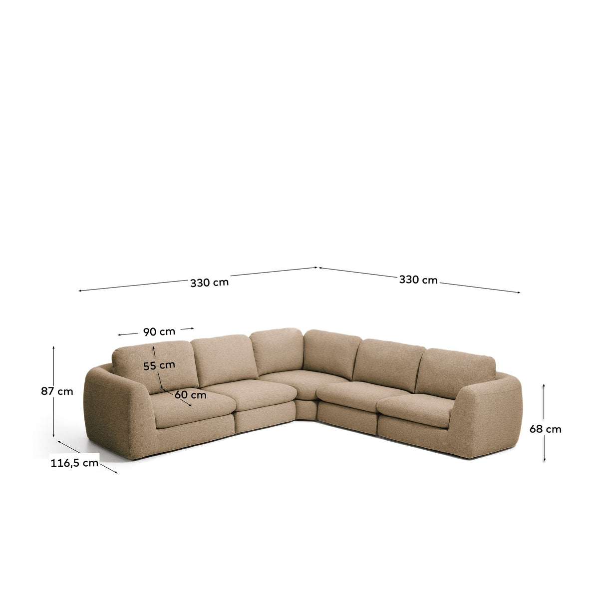 Hellbraunes 5-Sitzer Ecksofa Vera mit gepolsterter Sitzfläche, abgerundeten Armlehnen und Beinen aus Polypropylen, Masse 330x330x87cm.