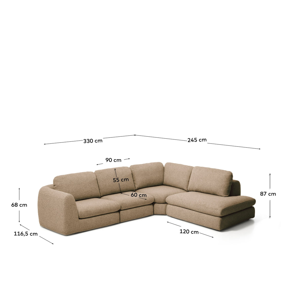 5-Sitzer Ecksofa Vera in Hellbraun mit Randmodul rechts, gepolstert mit strukturiertem Gewebe, Gestell aus Kiefernholz, 330x245 cm.