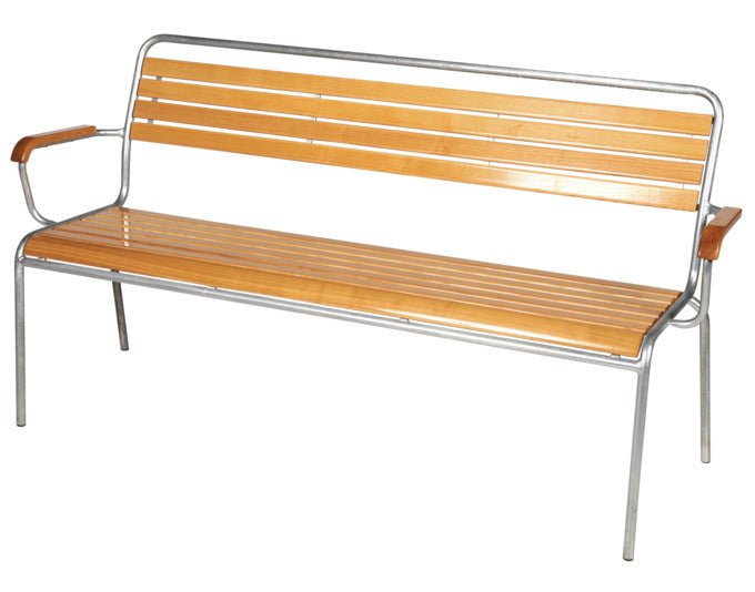 Hochwertige Rigi 3er-Gartenbank mit Armlehne aus Schweizer Eschenholz, langlebig, wetterfest und stilvoll – ideal für Garten, Terrasse oder Balkon.