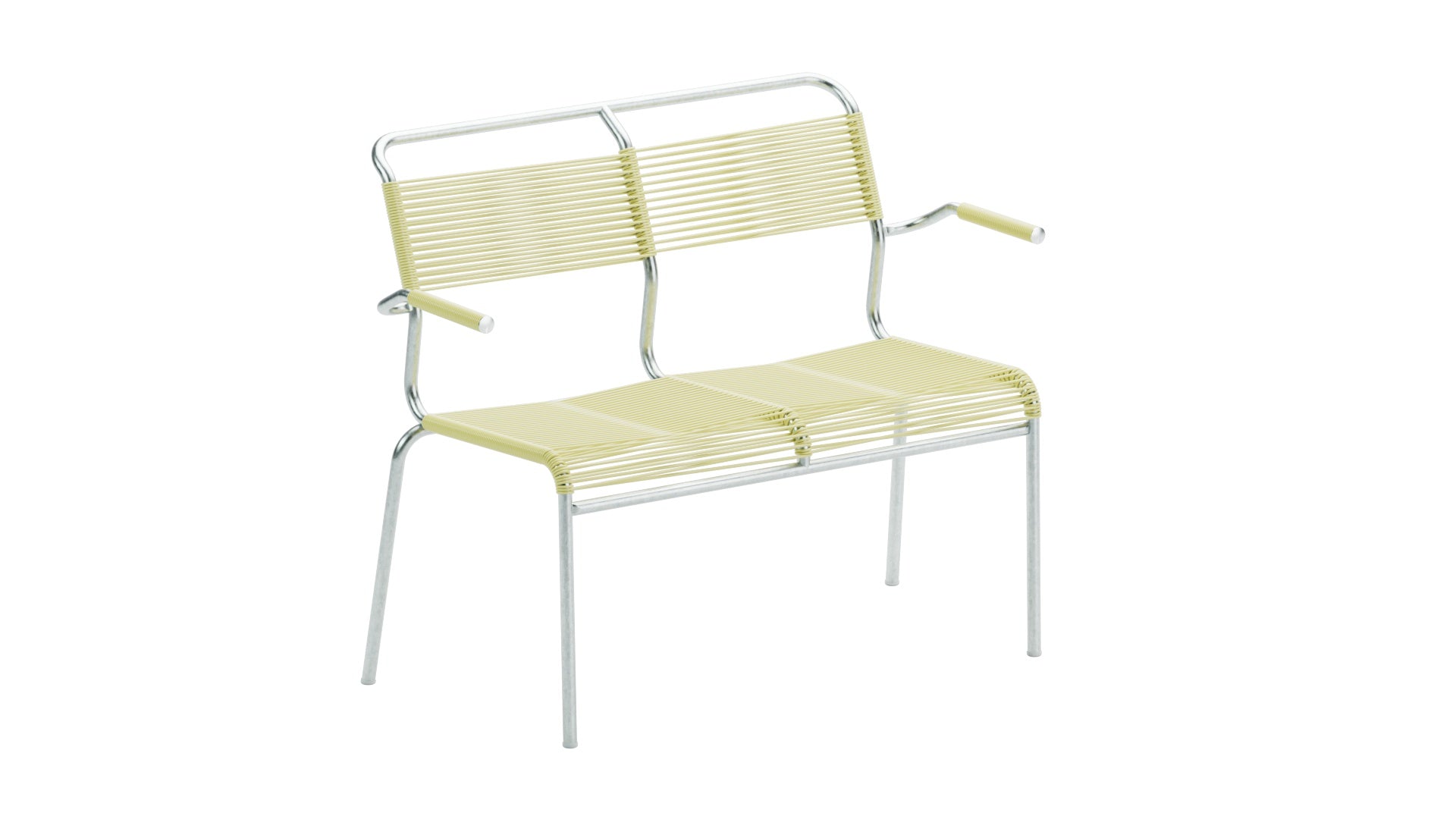 Elegante 2er Gartenbank mit Armlehnen aus wetterfestem, recyceltem Material. Swiss Made, langlebig, pflegeleicht und perfekt für den Außenbereich.