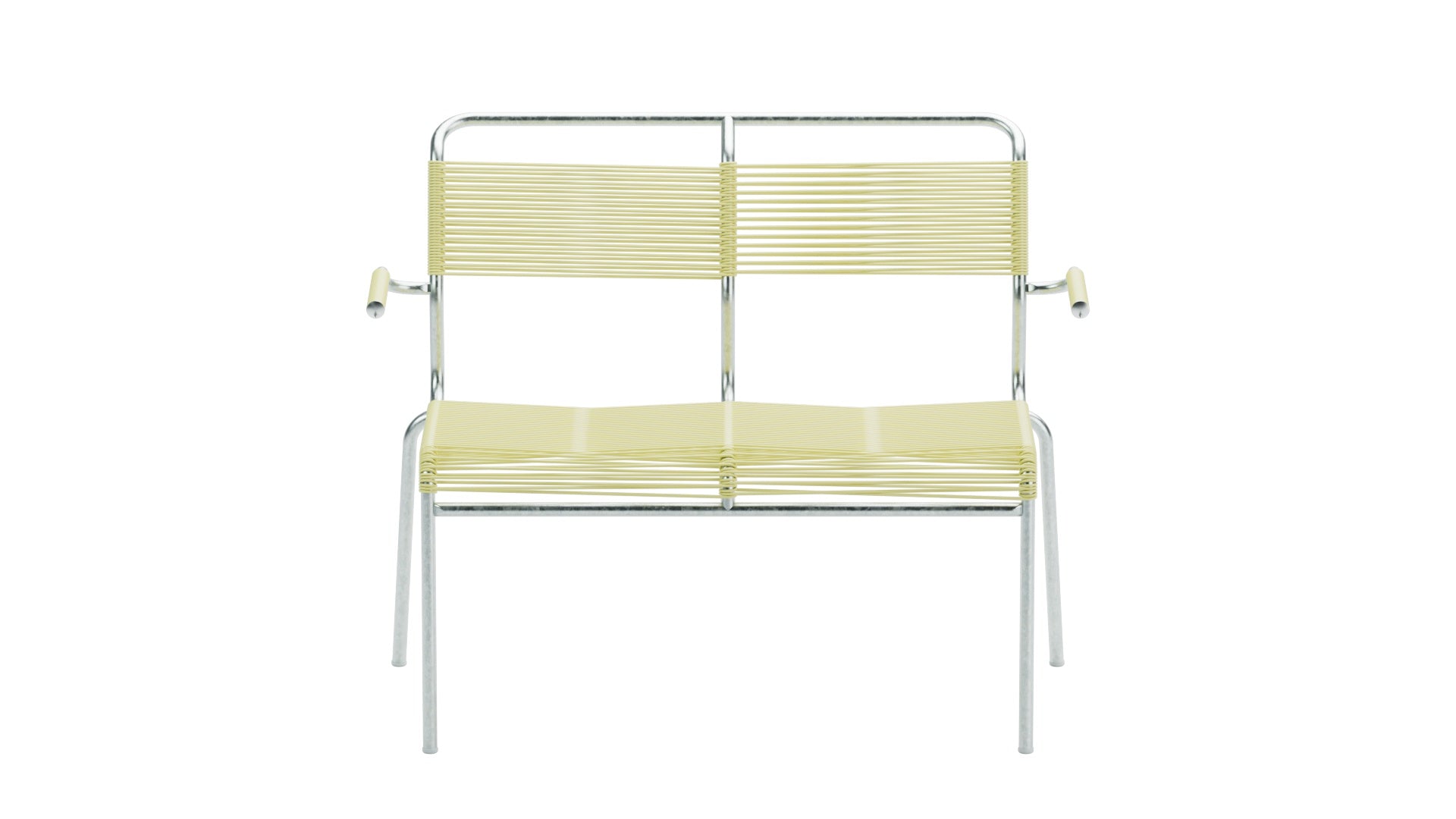 Hochwertige Säntis Spaghetti-2er Gartenbank mit Armlehne, wetterfestem Metallgestell und recyceltem OceanYarn®-Stoff. Swiss Made, langlebig und stilvoll.