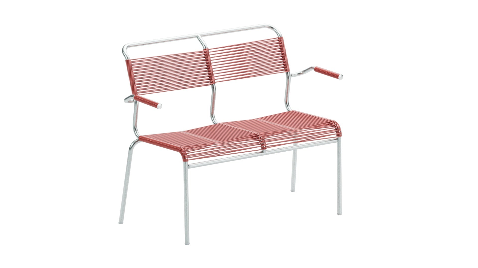 Stilvolle Säntis Spaghetti 2er Gartenbank mit Armlehnen, wetterfestes Metall, recyceltes OceanYarn®, langlebig, Swiss Made – perfekt für Garten & Balkon.