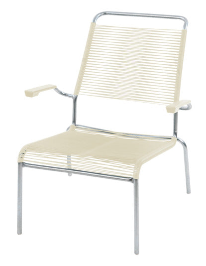 Weißer Säntis Lounger Hochlehner mit Spaghetti-Bespannung, ergonomischer hoher Rückenlehne und wetterfestem Design für den Outdoor-Bereich.