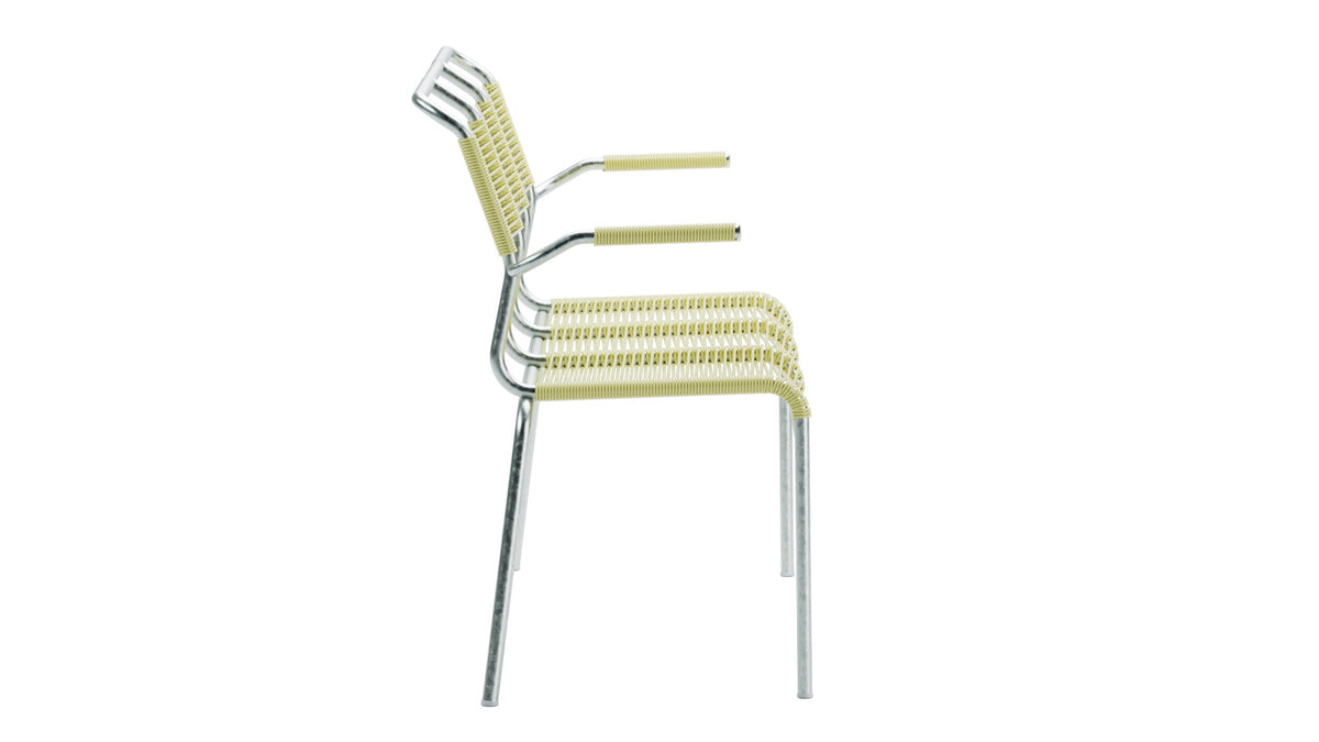 Säntis Spaghetti-3er-Gartenbank mit Armlehne in Buchsbaumgelb präsentiert im Onlineshop von KAQTU Design AG. Gartenbank ist von Schaffner
