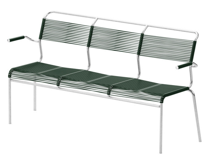 Säntis Spaghetti-3er-Gartenbank mit Armlehne in Tannengrün / Feuerverzinkt präsentiert im Onlineshop von KAQTU Design AG. Gartenbank ist von Schaffner