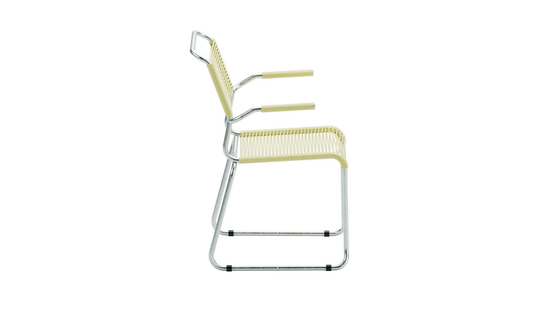 Hochwertiger Säntis Spaghetti-Gartenstuhl mit Armlehne, wetterfestes Metallgestell, nachhaltige OceanYarn®-Bespannung, Schweizer Handwerkskunst, langlebig.