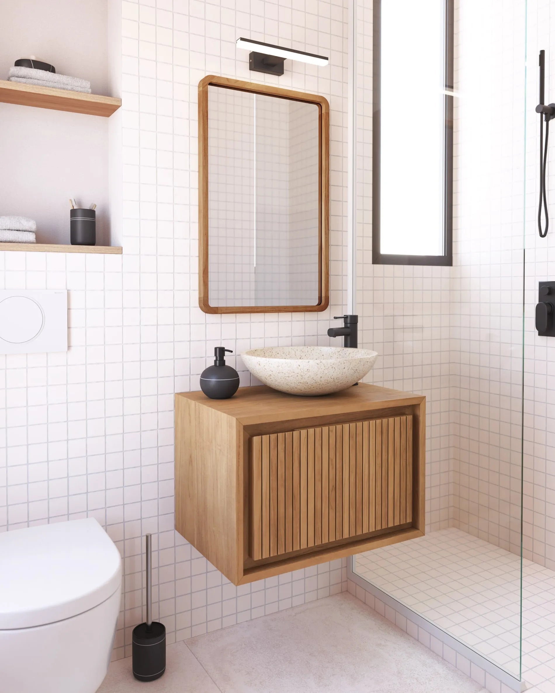 Das Delina Waschbecken aus weißem Terrazzo vereint Eleganz und Funktionalität für ein stilvolles Badezimmerambiente.