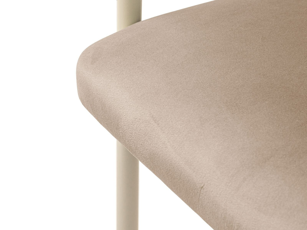 Zwei Lea Samt-Stühle von Cosmopolitan Design mit Buchenholzgestell, Stahlbeinen und Samtbezug in Ivory-Magic Velvet auf hellem Untergrund.