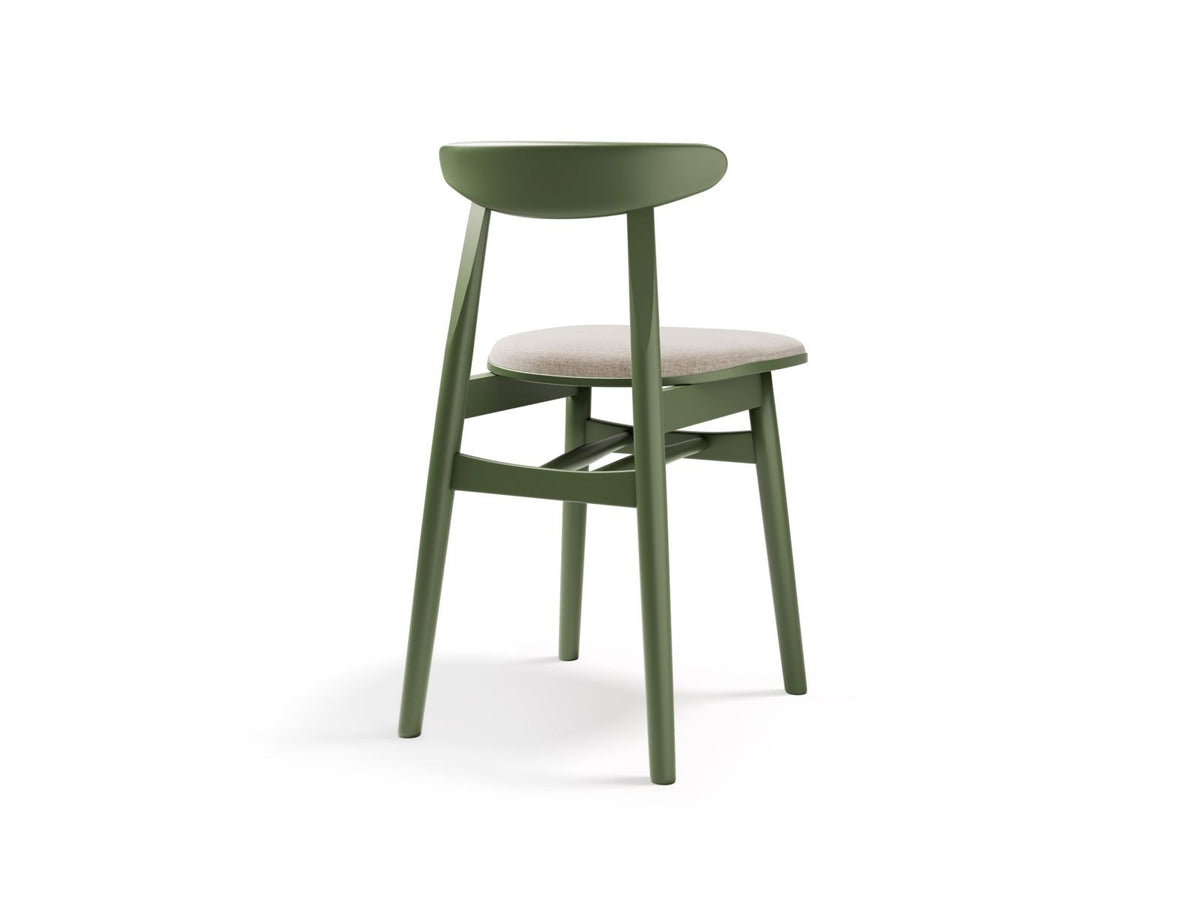 Zwei Stühle des Modells Bony aus Massivholz Buche mit gepolstertem Sitz und Rückenlehne in mint-farbenem Stoff, Beine aus Buchenholz.