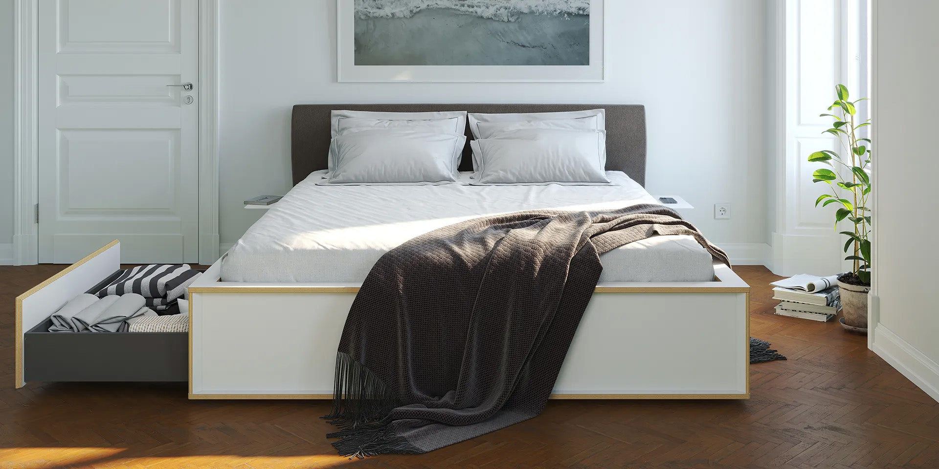 Stauraum-Doppelbett in weiss mit Headboard und ausgezogener Schublade von Müller Möbelwerkstätten