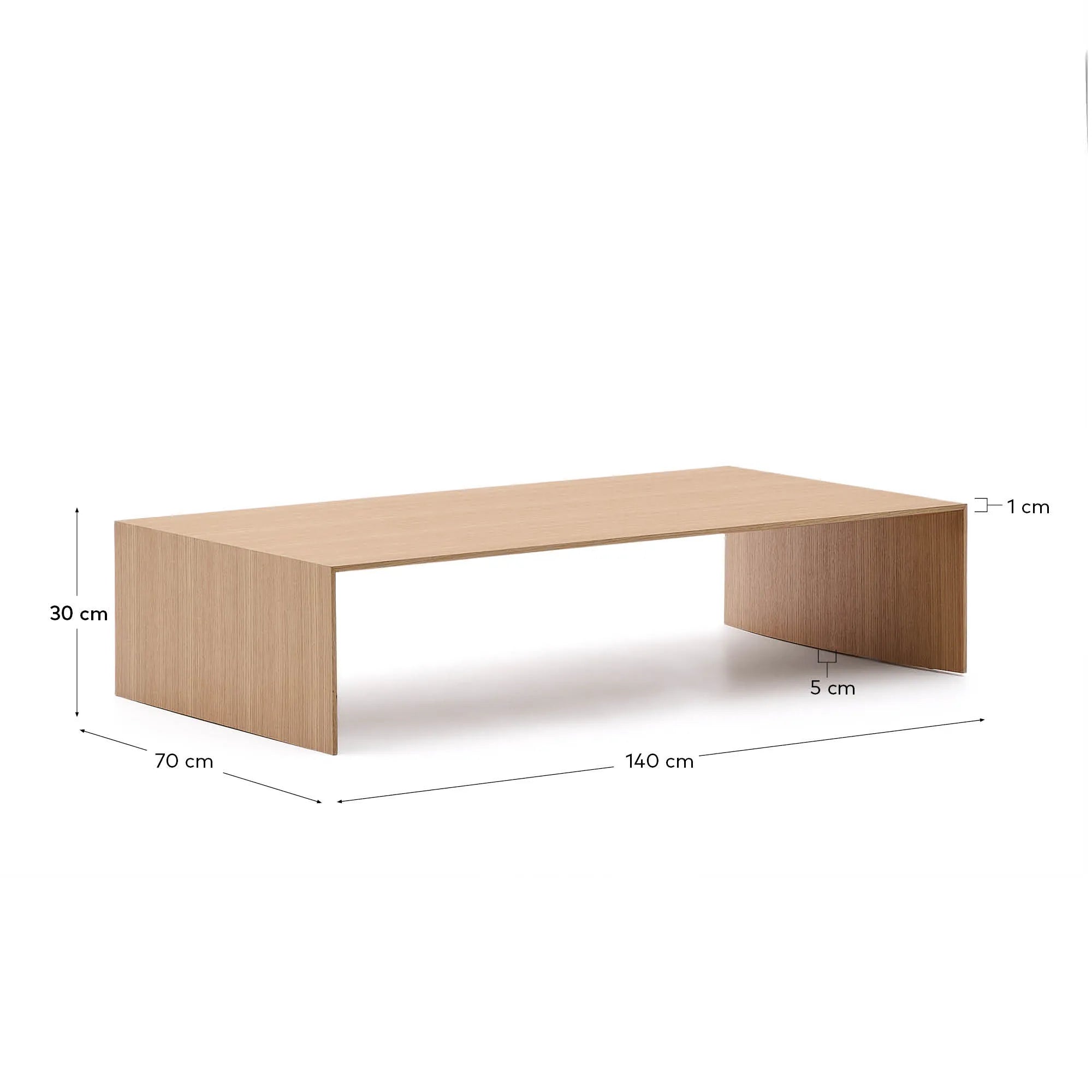 Eleganter Couchtisch aus Eichenfurnier, 140x70 cm, mit natürlichem Finish, ideal für stilvolle Wohnräume.